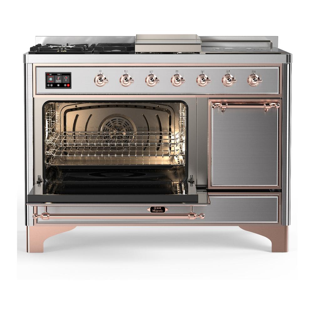 ILVE UM48FSQNR3SSPLP Majestic III 48 inch Dual Fuel Range with 5 Black Brass Burners, Griddle and French Top, Dual Function Burner up to 25,000 BTU (Liquid Propane, Solid Door, Stainless Steel, Copper)