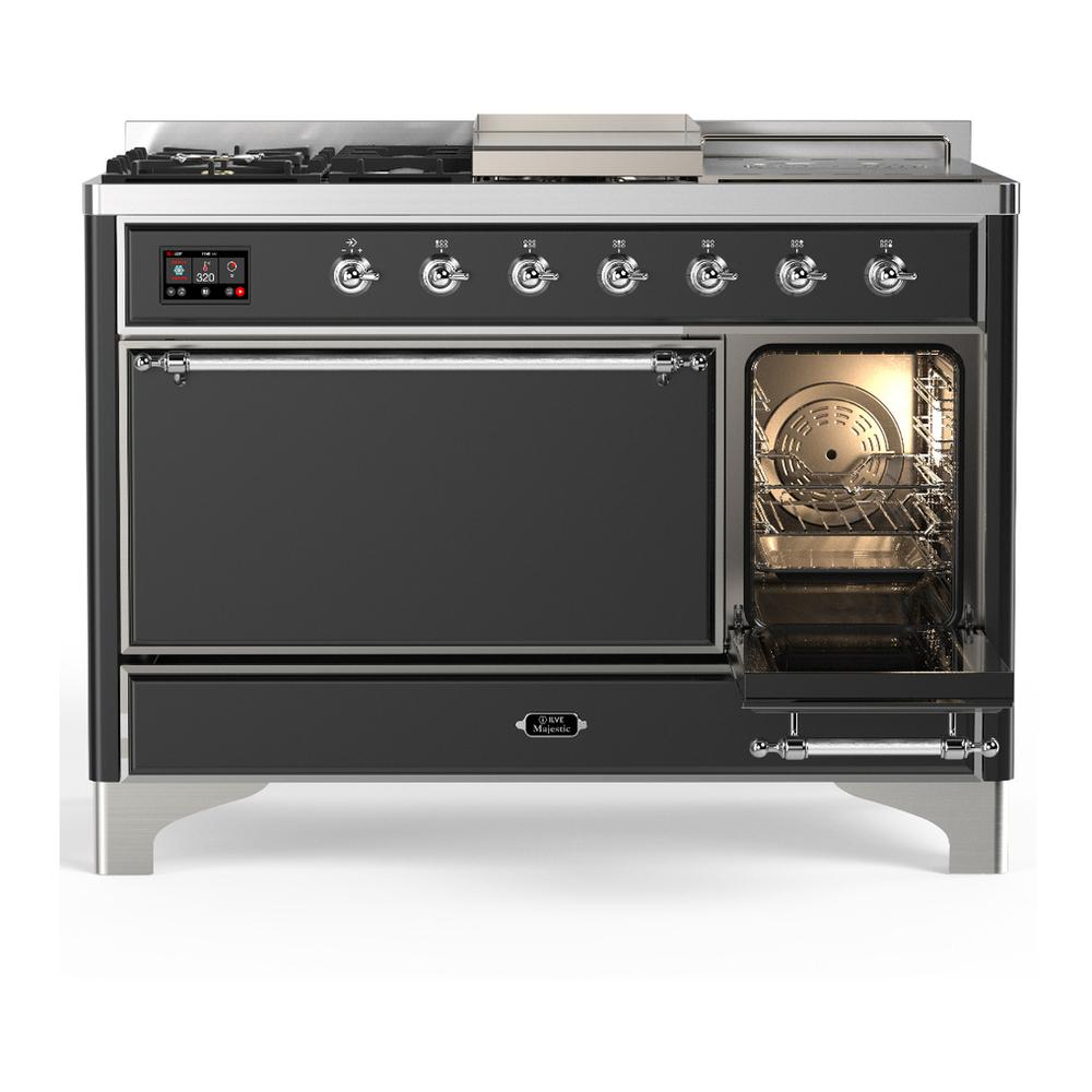 ILVE UM48FSQNR3MGCLP Majestic III 48 inch Dual Fuel Range with 5 Black Brass Burners, Griddle and French Top, Dual Function Burner up to 25,000 BTU (Liquid Propane, Solid Door, Graphite Matte, Chrome)