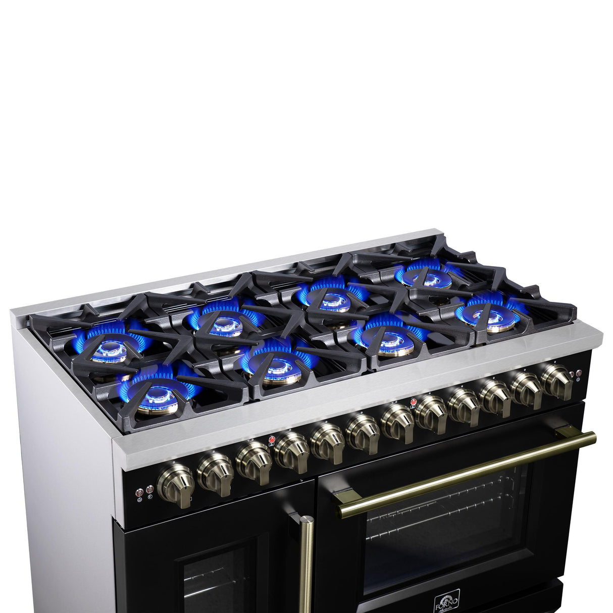 Forno Capriasca 48 Inch Freestanding French Door Dual Fuel Range in Black with Antique Brass Accessories, 8 Burners, True Convection Oven