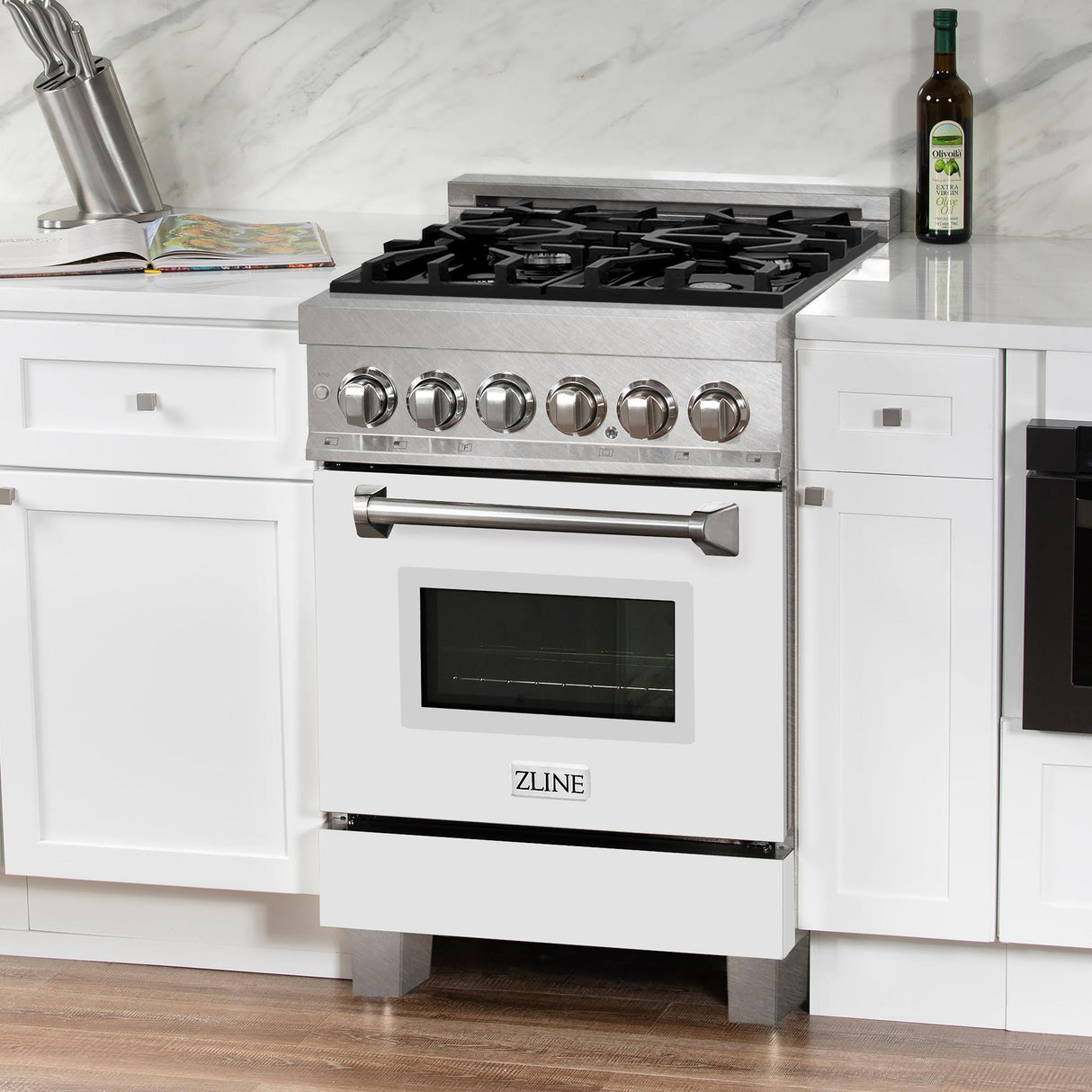 ZLINE 24 in. Professional Dual Fuel Range in DuraSnow Stainless Steel with Color Door Options (RAS-SN-24) [Color: DuraSnow With White Matte Door]