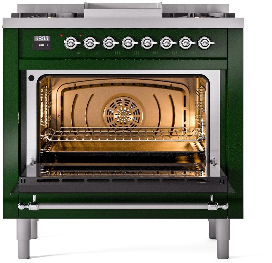 Nostalgie II 36 Inch Dual Fuel Liquid Propane Freestanding Range in Emerald Green with Chrome Trim
