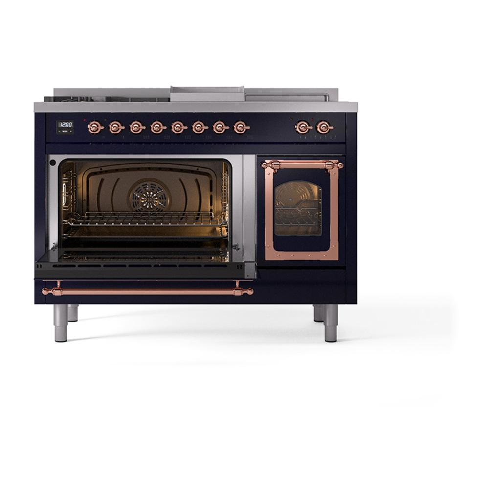ILVE UN48FSNMPMBPLP Nostalgie II Noblesse 48 inch Dual Fuel Range (5 Sealed Burners + Griddle + French Top, Liquid Propane, Triple Glass Door, Midnight Blue, Copper)
