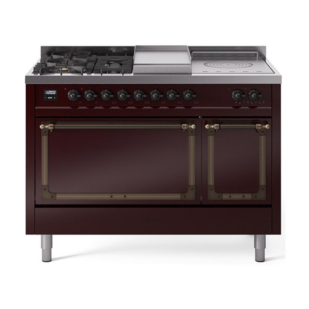 ILVE UN48FSQNMPBUBLP Nostalgie II Noblesse 48 inch Dual Fuel Range (5 Sealed Burners + Griddle + French Top, Liquid Propane, Solid Door, Burgundy, Burnished)