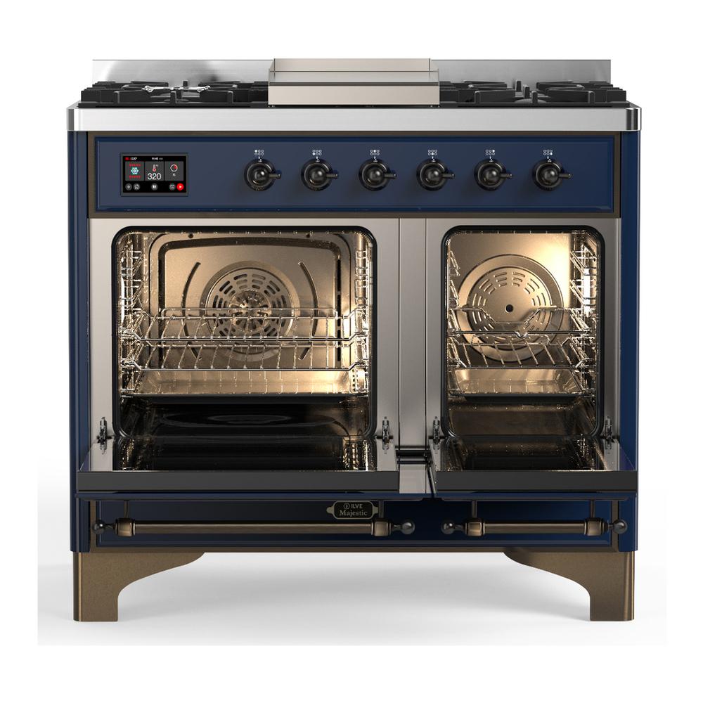 ILVE UMD40FNR3MBB Majestic III 40 inch Dual Fuel Range with 6 Burners and Griddle, Dual Function Burner up to 25,000 BTU (Natural Gas, Triple Glass Door, Midnight Blue, Burnished)