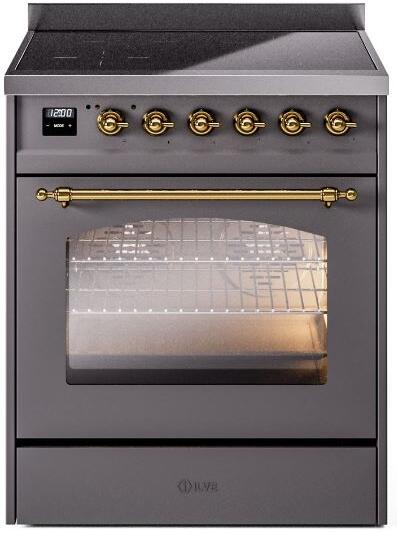 Nostalgie II 30 Inch Electric Freestanding Range in Matte Graphite with Brass Trim