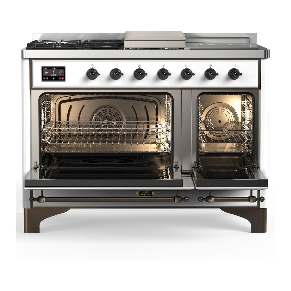 ILVE UM48FSQNR3WHB Majestic III 48 inch Dual Fuel Range with 5 Black Brass Burners, Griddle and French Top, Dual Function Burner up to 25,000 BTU (Natural Gas, Solid Door, White, Burnished)