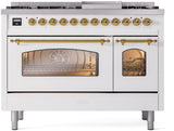 Nostalgie II 48 Inch Dual Fuel Liquid Propane Freestanding Range in White with Brass Trim