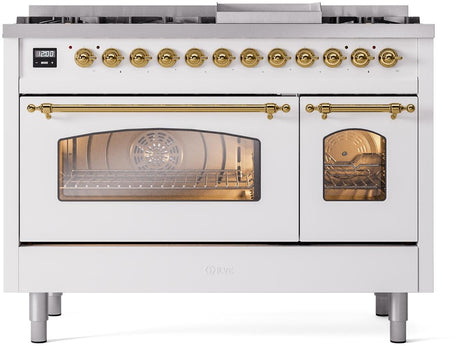 Nostalgie II 48 Inch Dual Fuel Liquid Propane Freestanding Range in White with Brass Trim