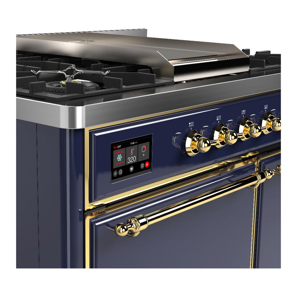ILVE UMD40FQNR3MBG Majestic III 40 inch Dual Fuel Range with 6 Burners and Griddle, Dual Function Burner up to 25,000 BTU (Natural Gas, Solid Door, Midnight Blue, Brass)