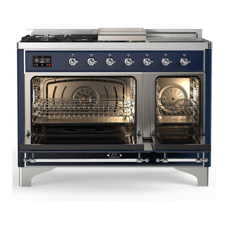 ILVE UM48FSQNR3MBCLP Majestic III 48 inch Dual Fuel Range with 5 Black Brass Burners, Griddle and French Top, Dual Function Burner up to 25,000 BTU (Liquid Propane, Solid Door, Midnight Blue, Chrome)