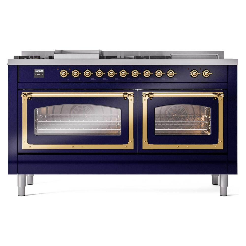 ILVE UN60FSNMPMBG Nostalgie II Noblesse 60 inch Dual Fuel Range (7 Sealed Burners + Griddle + French Top, Natural Gas, Triple Glass Door, Midnight Blue, Brass)