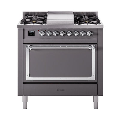 ILVE UN36FQNMPMGCLP Nostalgie II Noblesse 36 inch Dual Fuel Range (Liquid Propane, Solid Door, Graphite Matte, Chrome)