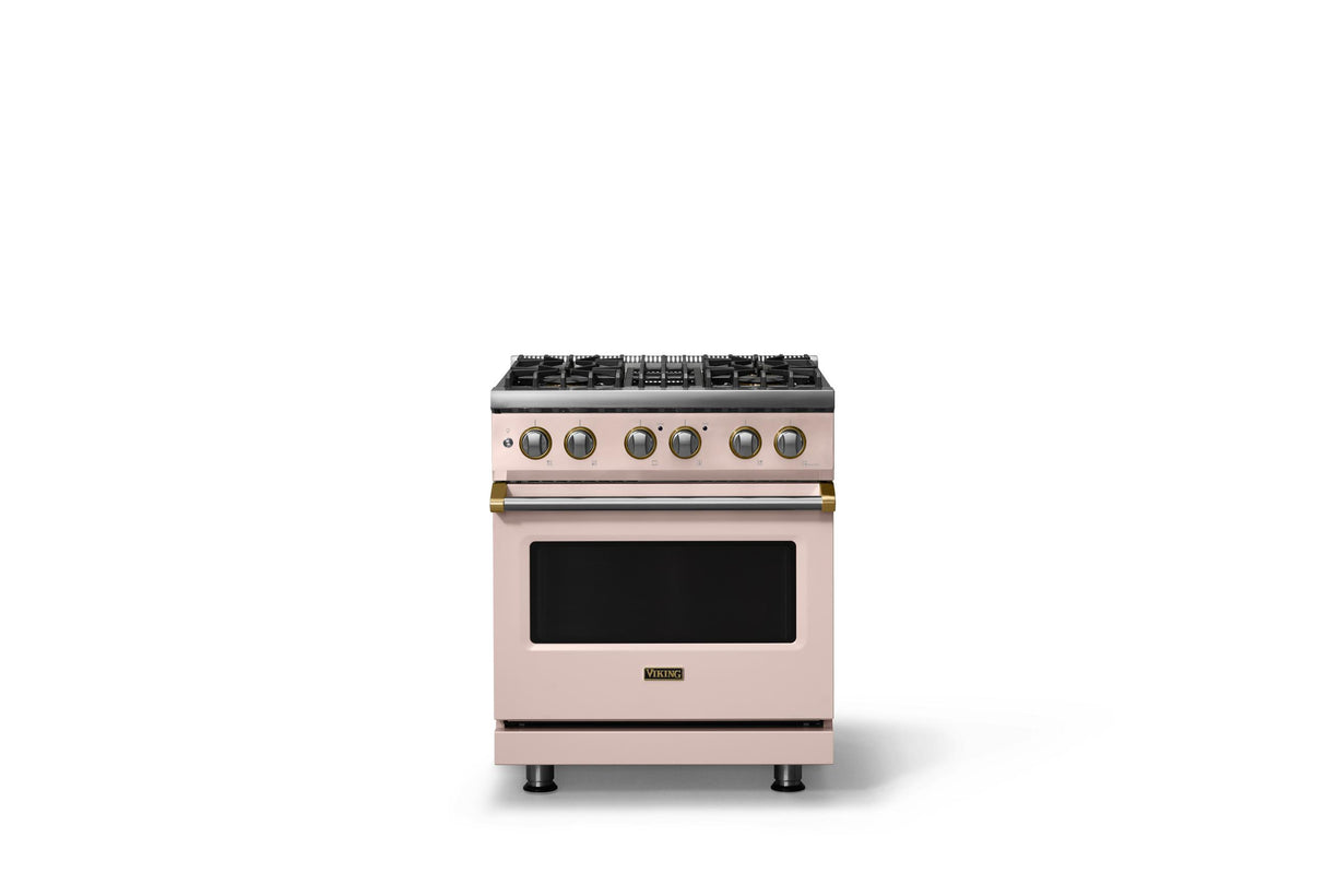 30"W. Dual Fuel Range (Finish: Blush, Trim: Brushed Brass, Fuel: Natural Gas)