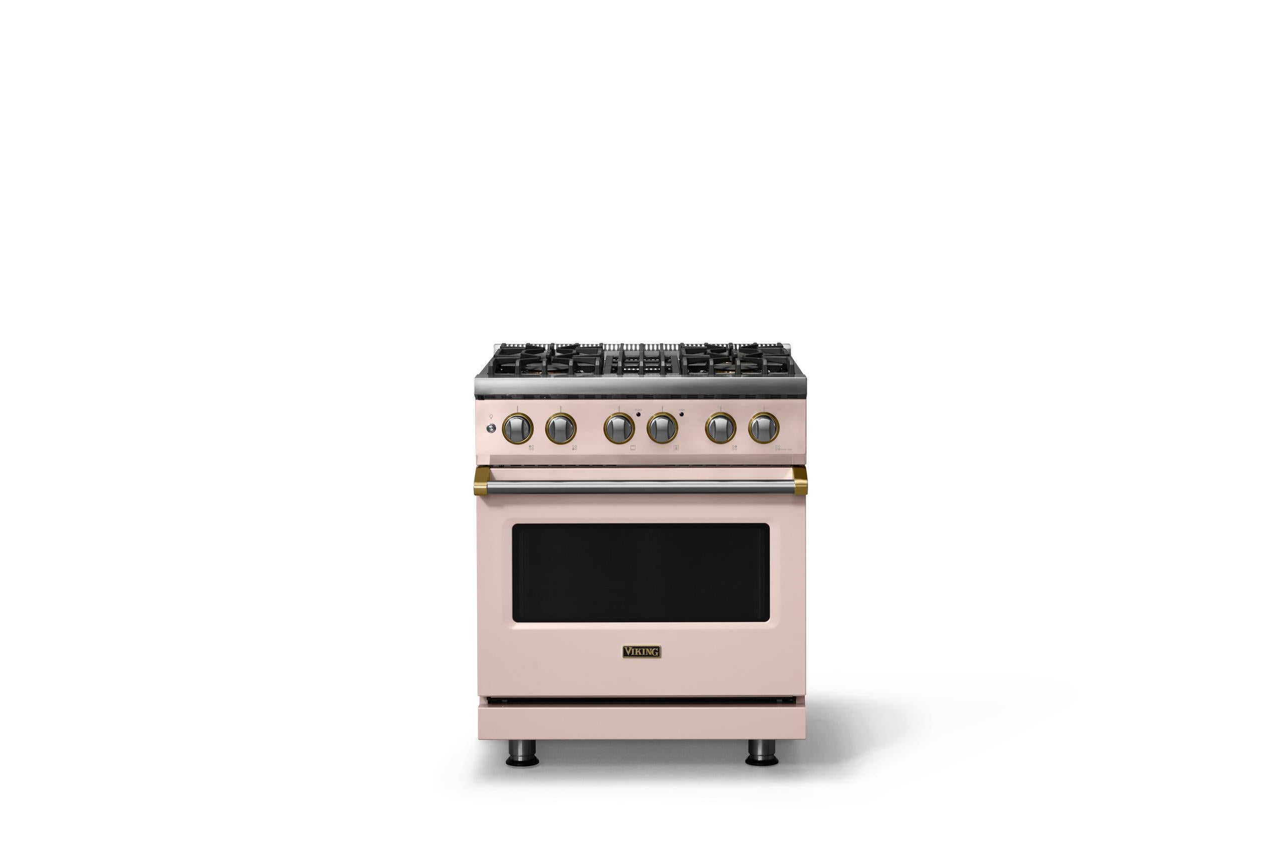30"W. Dual Fuel Range (Finish: Blush, Trim: Brushed Brass, Fuel: Propane)