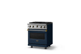 30"W. Open Burner Gas Range (Finish: Slate Blue, Trim: Brushed Brass, Fuel: Propane)