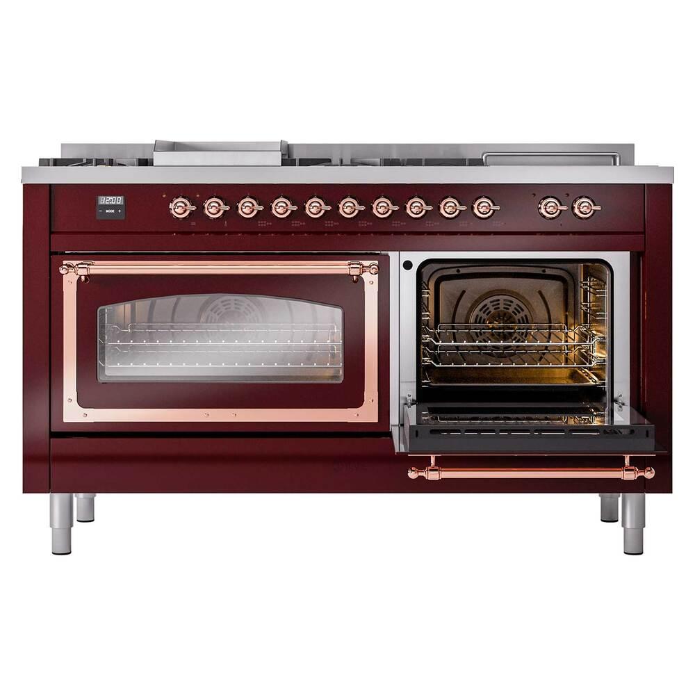 ILVE UN60FSNMPBUP Nostalgie II Noblesse 60 inch Dual Fuel Range (7 Sealed Burners + Griddle + French Top, Natural Gas, Triple Glass Door, Burgundy, Copper)