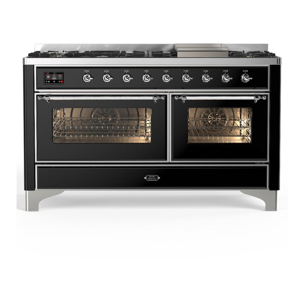 ILVE UM60FNR3BKC Majestic III 60 inch Dual Fuel Range with 9 Burners and Griddle, Dual Function Burner up to 25,000 BTU (Natural Gas, Triple Glass Door, Glossy Black, Chrome)