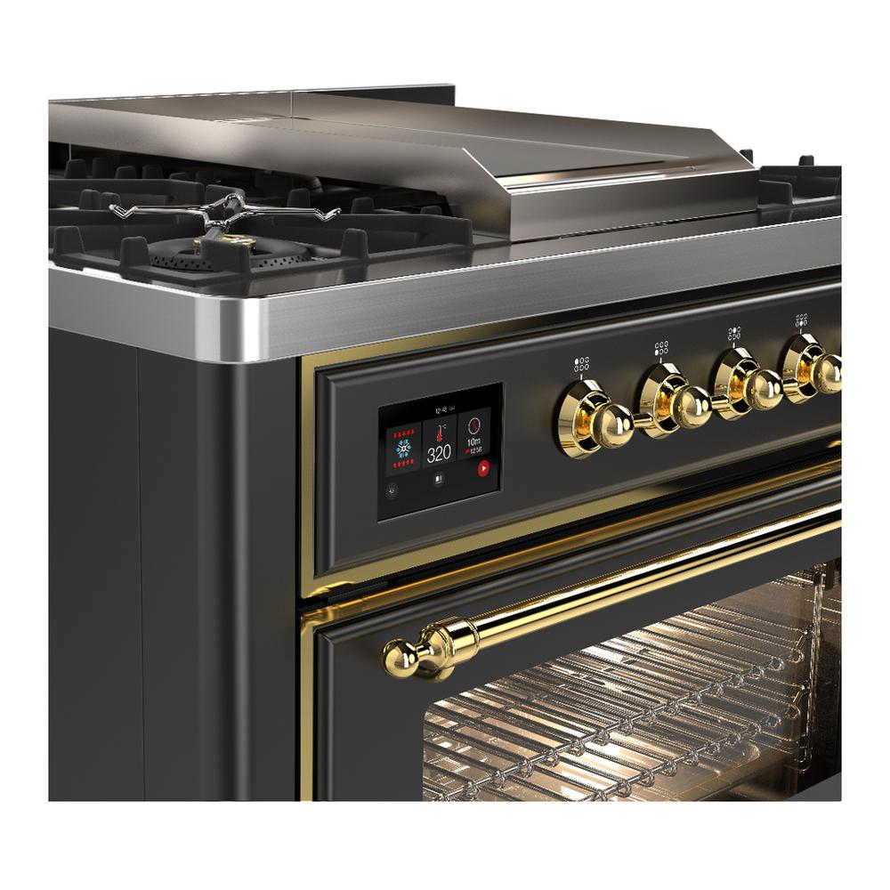 ILVE UM36FNR3MGGLP Majestic III 36 inch Dual Fuel Range with 6 Black Brass Burners and Griddle, Dual Function Burner up to 25,000 BTU (Triple Glass Door, Graphite Matte, Brass, Liquid Propane)