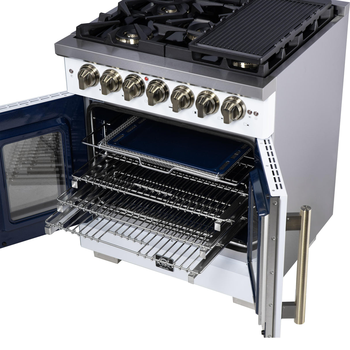 Forno Capriasca 30 Inch Freestanding French Door Dual Fuel Range in White with Antique Brass Accessories, 5 Burners, True Convection Oven