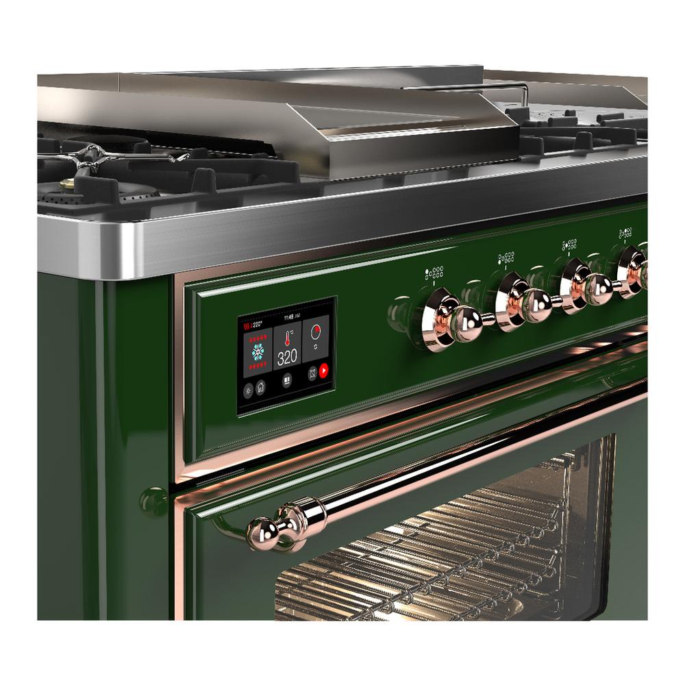 ILVE UM60FSNR3EGPLP Majestic III 60 inch Dual Fuel Range with 7 Burners, Griddle and French Top, Dual Function Burner with up to 25,000 BTU (Liquid Propane, Triple Glass Door, Emerald Green, Copper)