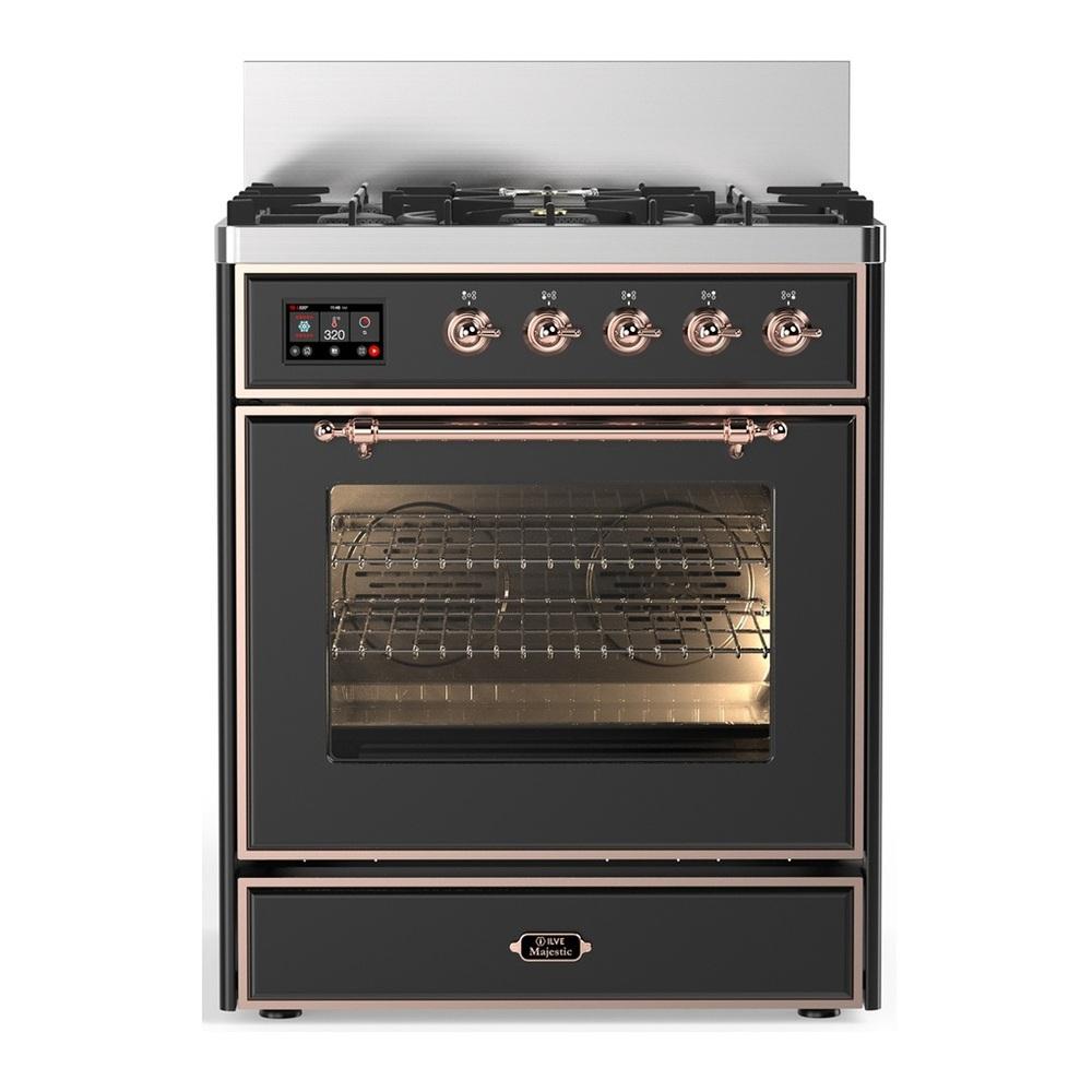 ILVE UM30NR3MGP Majestic III 30 inch Dual Fuel Range with 5 Black Brass Burners, Dual Function Burner up to 25,000 BTU (Natural Gas, Triple Glass Door, Graphite Matte, Copper)