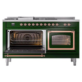 ILVE UN60FSNMPEGPLP Nostalgie II Noblesse 60 inch Dual Fuel Range (7 Sealed Burners + Griddle + French Top, Liquid Propane, Triple Glass Door, Emerald Green, Copper)