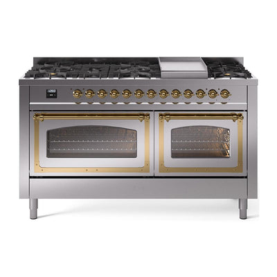 ILVE UN60FNMPSSG Nostalgie II Noblesse 60 inch Dual Fuel Range (9 Sealed Burners + Griddle, Natural Gas, Triple Glass Door, Stainless Steel, Brass)