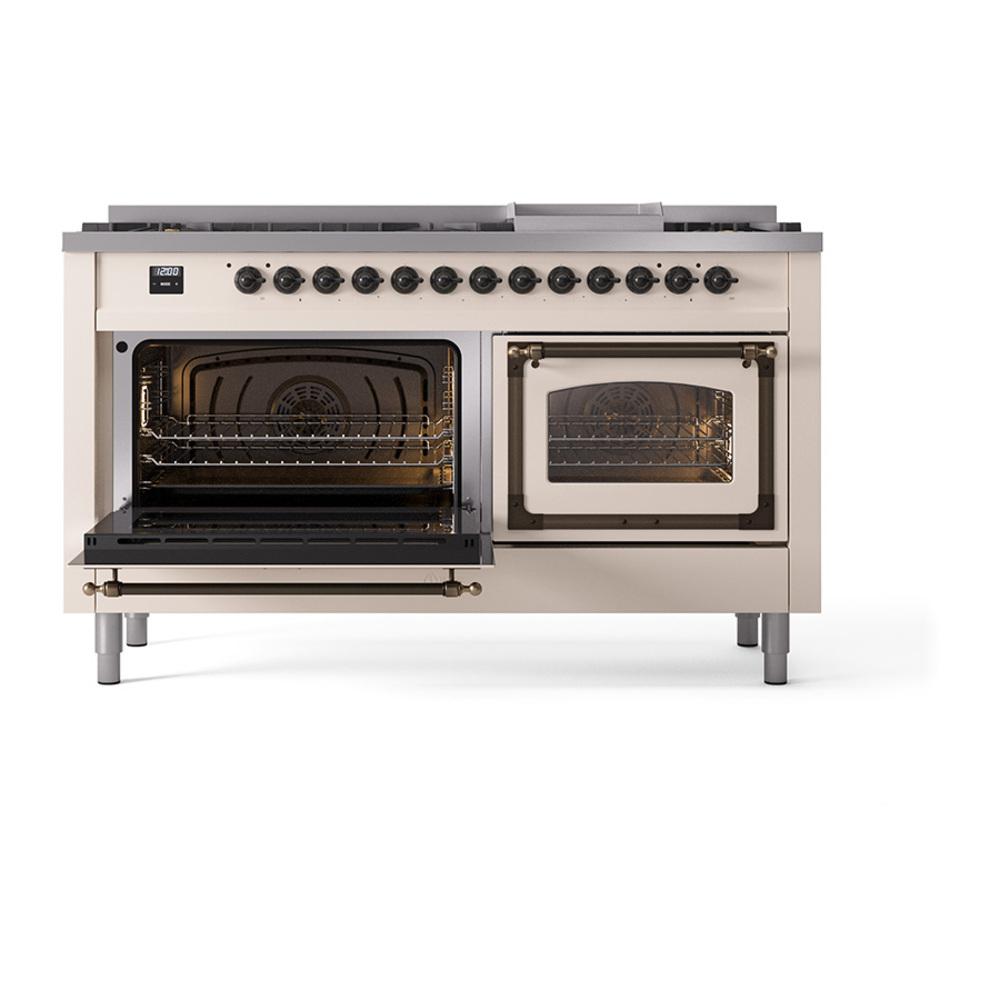 ILVE UN60FNMPAWB Nostalgie II Noblesse 60 inch Dual Fuel Range (9 Sealed Burners + Griddle, Natural Gas, Triple Glass Door, Antique White, Burnished)