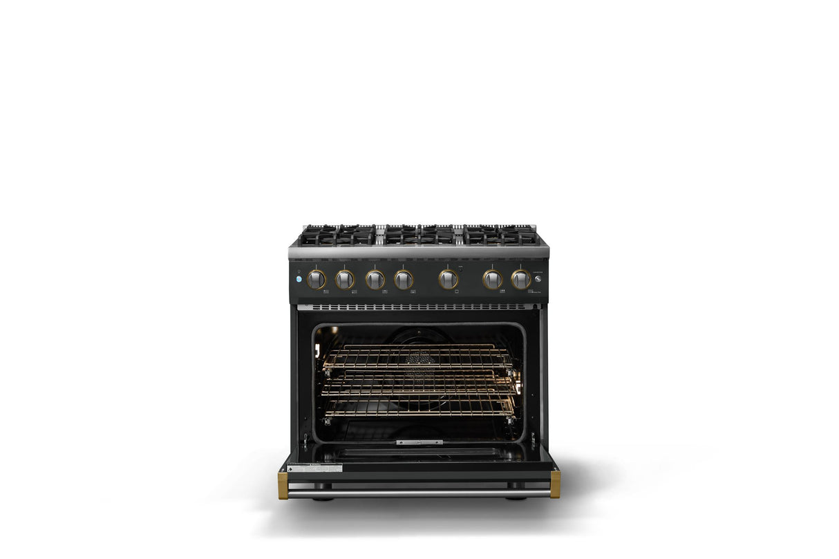 36"W. Sealed Burner Gas Range (Burner: 6b, Finish: Antique Bronze, Trim: Polished Chrome, Fuel: Propane)