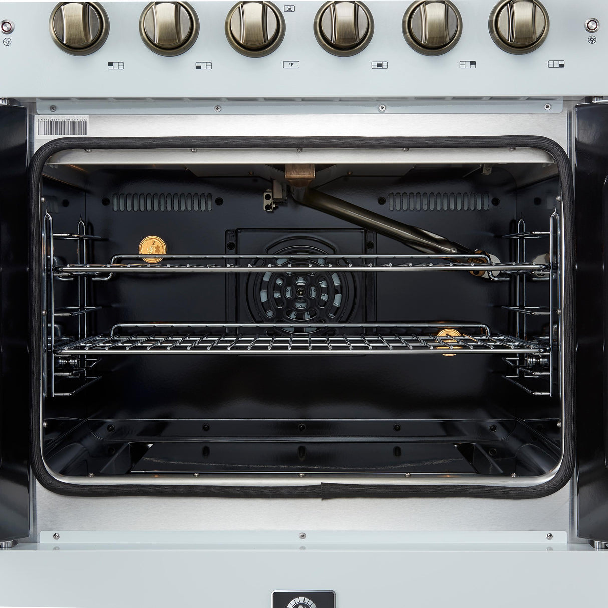 Forno Galiano 30-inch French Door Gas RangenWhite with Antique Brass Design, 5 Burners,n68,000 BTU, 4.32 cu.ft. Convection Oven