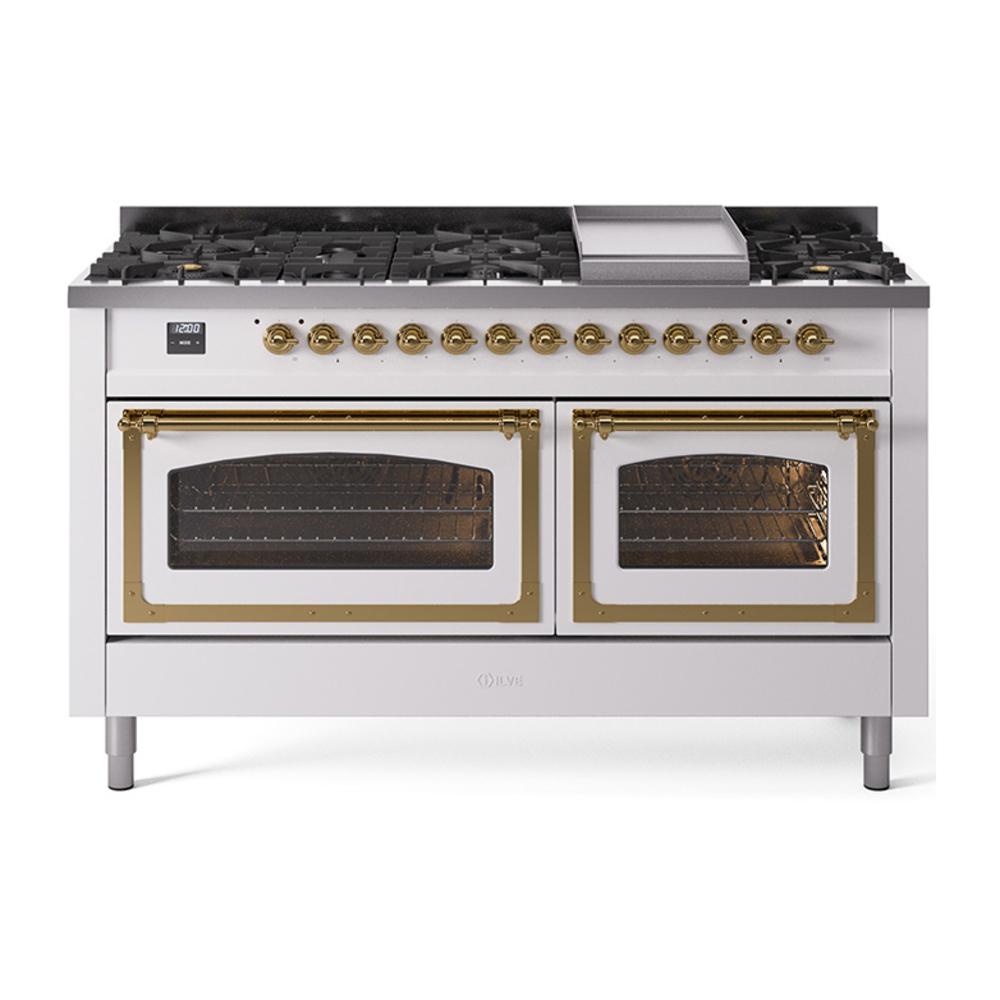ILVE UN60FNMPWHGLP Nostalgie II Noblesse 60 inch Dual Fuel Range (9 Sealed Burners + Griddle, Liquid Propane, Triple Glass Door, White, Brass)