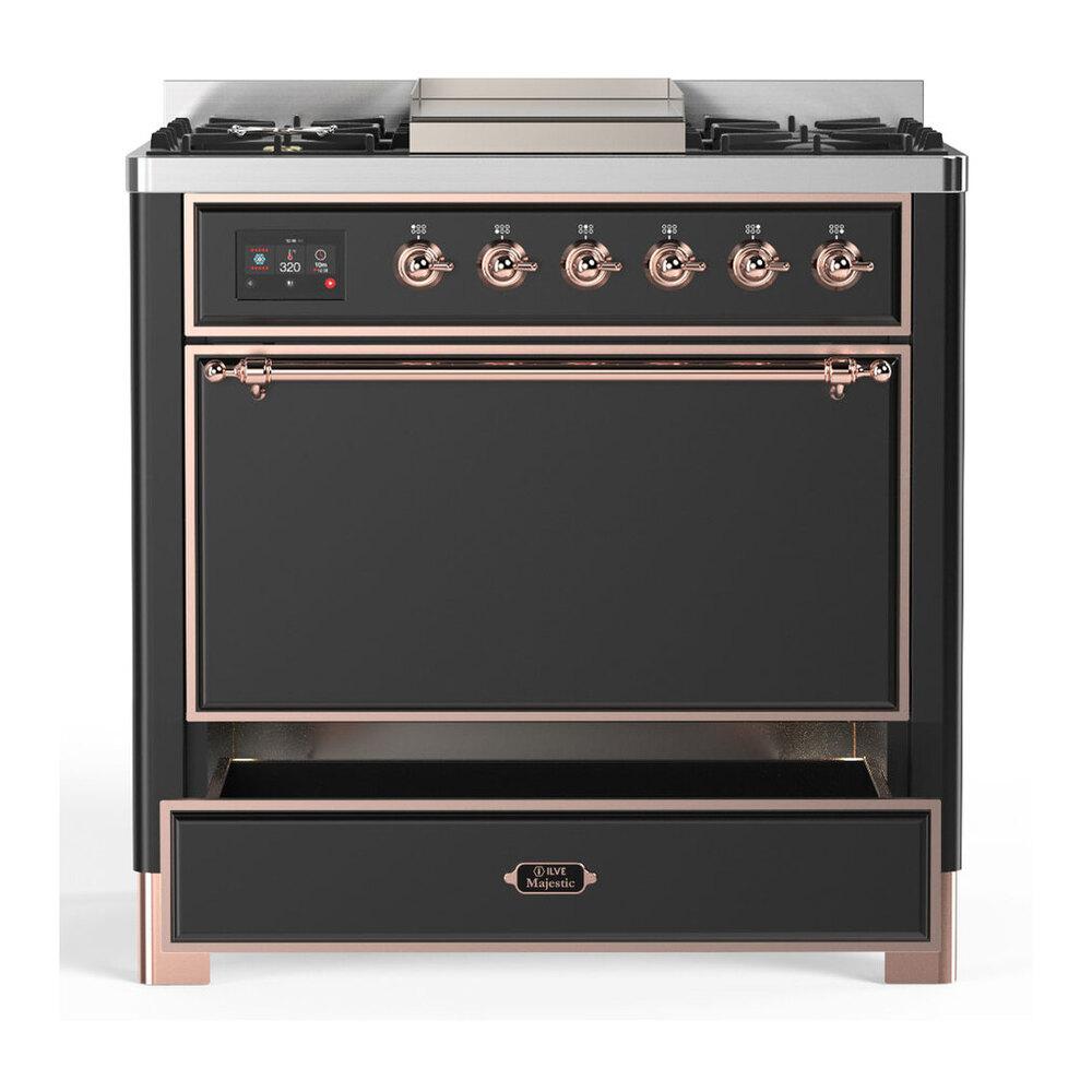 ILVE UM36FQNR3MGPLP Majestic III 36 inch Dual Fuel Range with 6 Black Brass Burners and Griddle, Dual Function Burner up to 25,000 BTU (Solid Door, Graphite Matte, Copper, Liquid Propane)