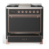 ILVE UM36FQNR3MGPLP Majestic III 36 inch Dual Fuel Range with 6 Black Brass Burners and Griddle, Dual Function Burner up to 25,000 BTU (Solid Door, Graphite Matte, Copper, Liquid Propane)