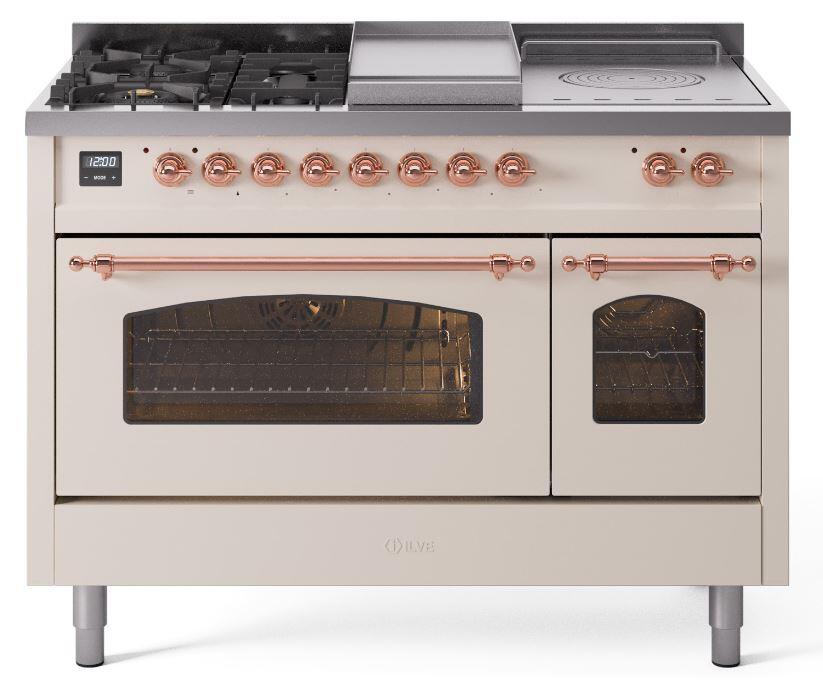 Nostalgie II 48 Inch Dual Fuel Natural Gas Freestanding Range in Antique White with Copper Trim