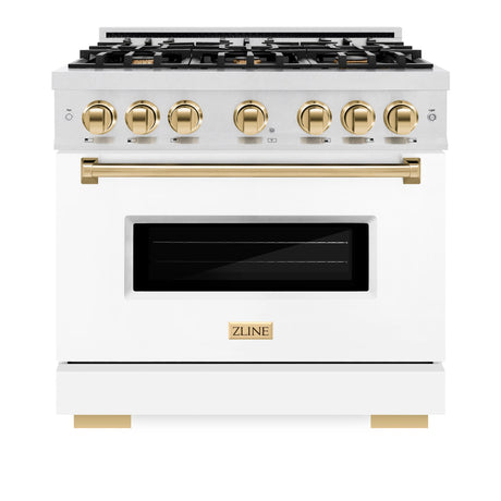 ZLINE Autograph Edition 36 in. 5.2 cu. ft. Classic Dual Fuel Range with 6 Burner Gas Cooktop and Electric Convection Oven in DuraSnow' Stainless Steel with White Matte Door and Polished Gold Accents (CDRSZ-WM-36-G)