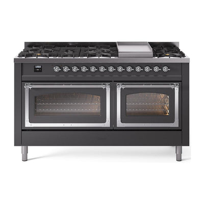 ILVE UN60FNMPMGC Nostalgie II Noblesse 60 inch Dual Fuel Range (9 Sealed Burners + Griddle, Natural Gas, Triple Glass Door, Graphite Matte, Chrome)