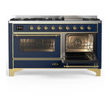 ILVE UM60FNR3MBG Majestic III 60 inch Dual Fuel Range with 9 Burners and Griddle, Dual Function Burner up to 25,000 BTU (Natural Gas, Triple Glass Door, Midnight Blue, Brass)