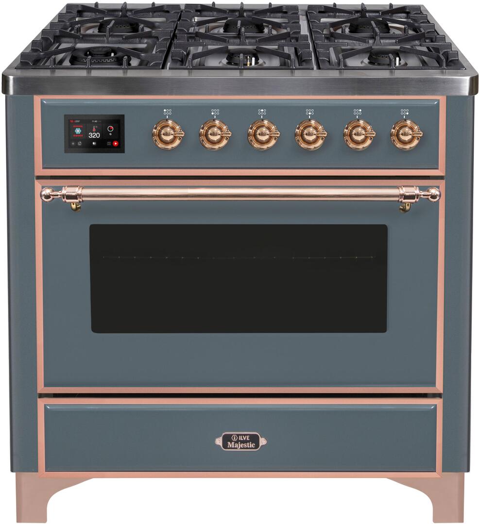 Majestic II 36 Inch Dual Fuel Natural Gas Freestanding Range in Blue Grey with Copper Trim