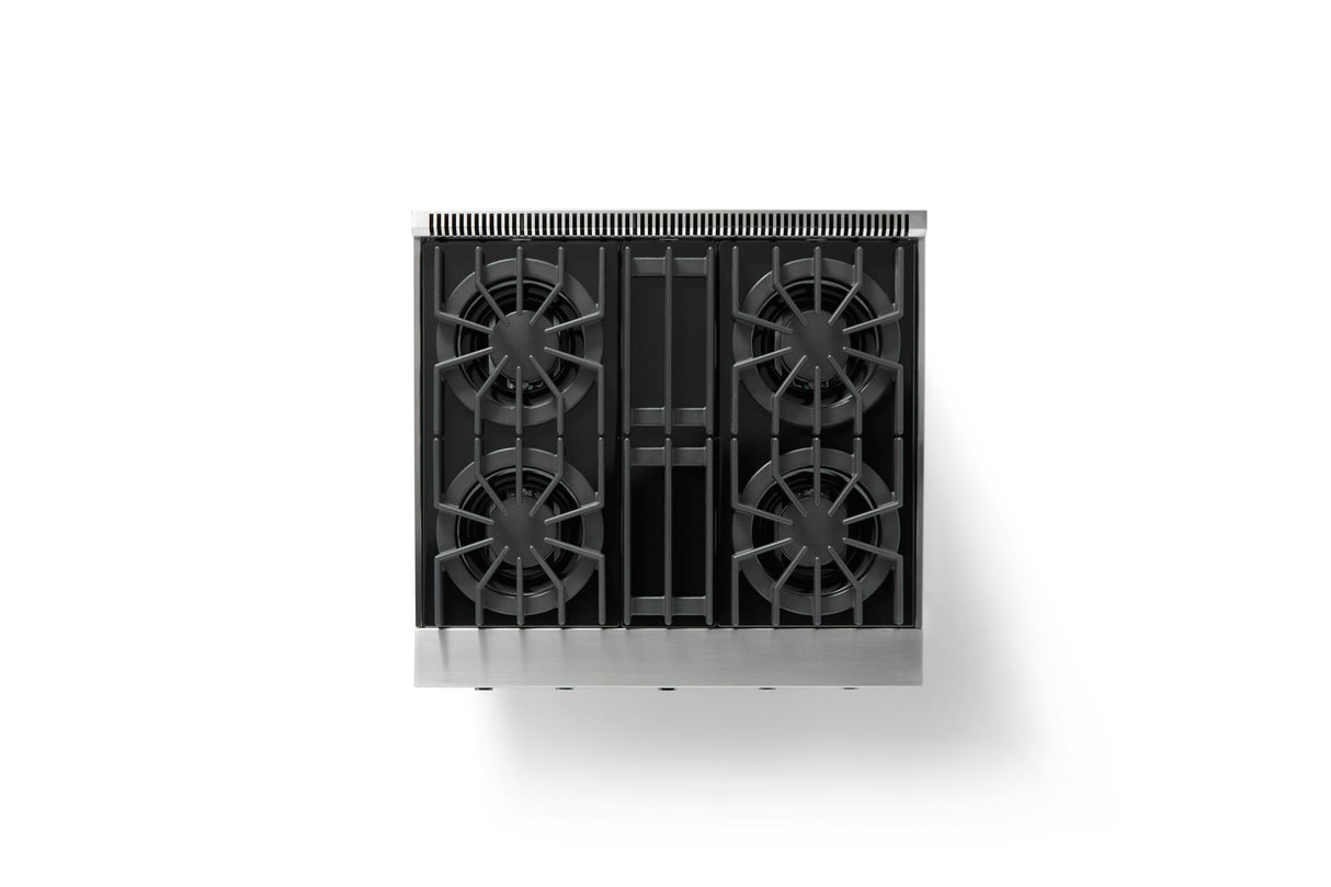30"W. Open Burner Gas Range (Finish: Onyx, Trim: Brushed Brass, Fuel: Natural Gas)
