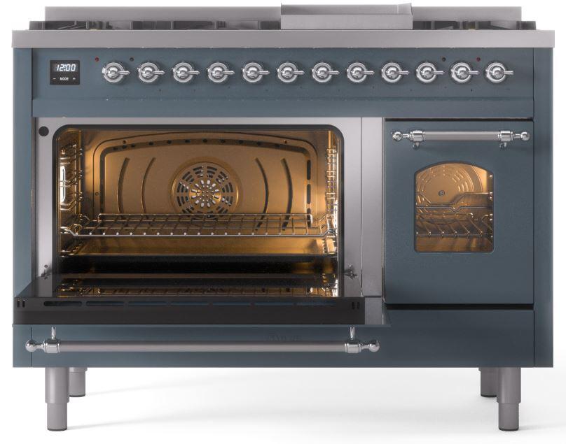 Nostalgie II 48 Inch Dual Fuel Natural Gas Freestanding Range in Blue Grey with Chrome Trim