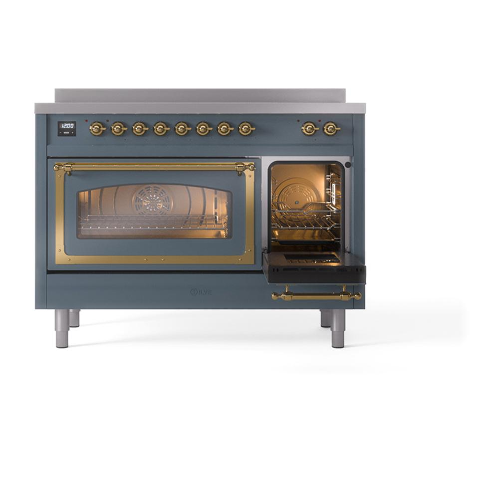 ILVE UNI486NMPBGG Nostalgie II Noblesse 48 inch Induction Range (Triple Glass Door, Blue Grey, Brass)