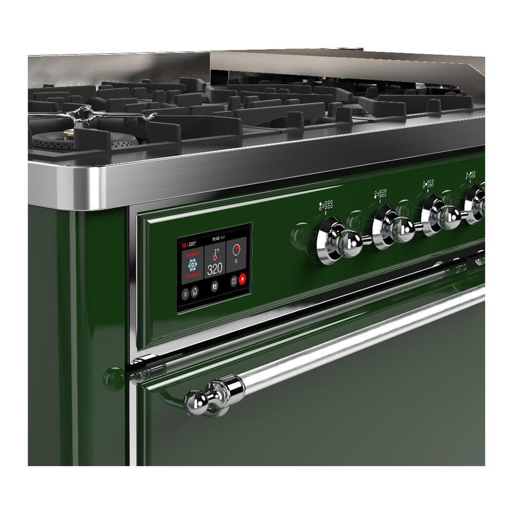 ILVE UM60FQNR3EGCLP Majestic III 60 inch Dual Fuel Range with 9 Burners and Griddle, Dual Function Burner up to 25,000 BTU (Liquid Propane, Solid Door, Emerald Green, Chrome)
