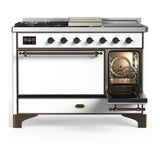 ILVE UM48FSQNR3WHBLP Majestic III 48 inch Dual Fuel Range with 5 Black Brass Burners, Griddle and French Top, Dual Function Burner up to 25,000 BTU (Liquid Propane, Solid Door, White, Burnished)