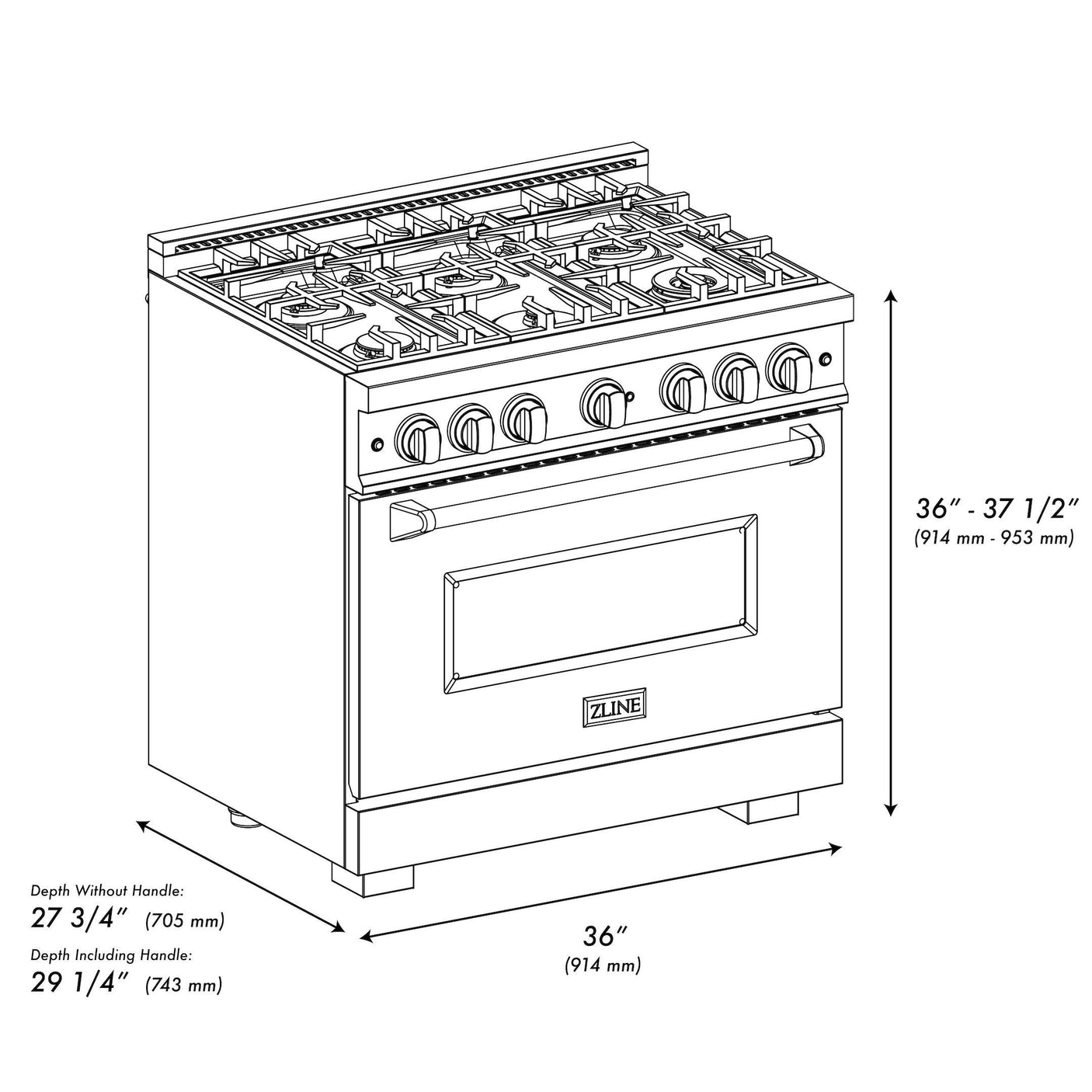 ZLINE 36 in. 5.2 cu. ft. Classic Gas Range with 6 Burner Cooktop and Convection Gas Oven in DuraSnow' Stainless Steel with Black Matte Door (CGRS-BLM-36)
