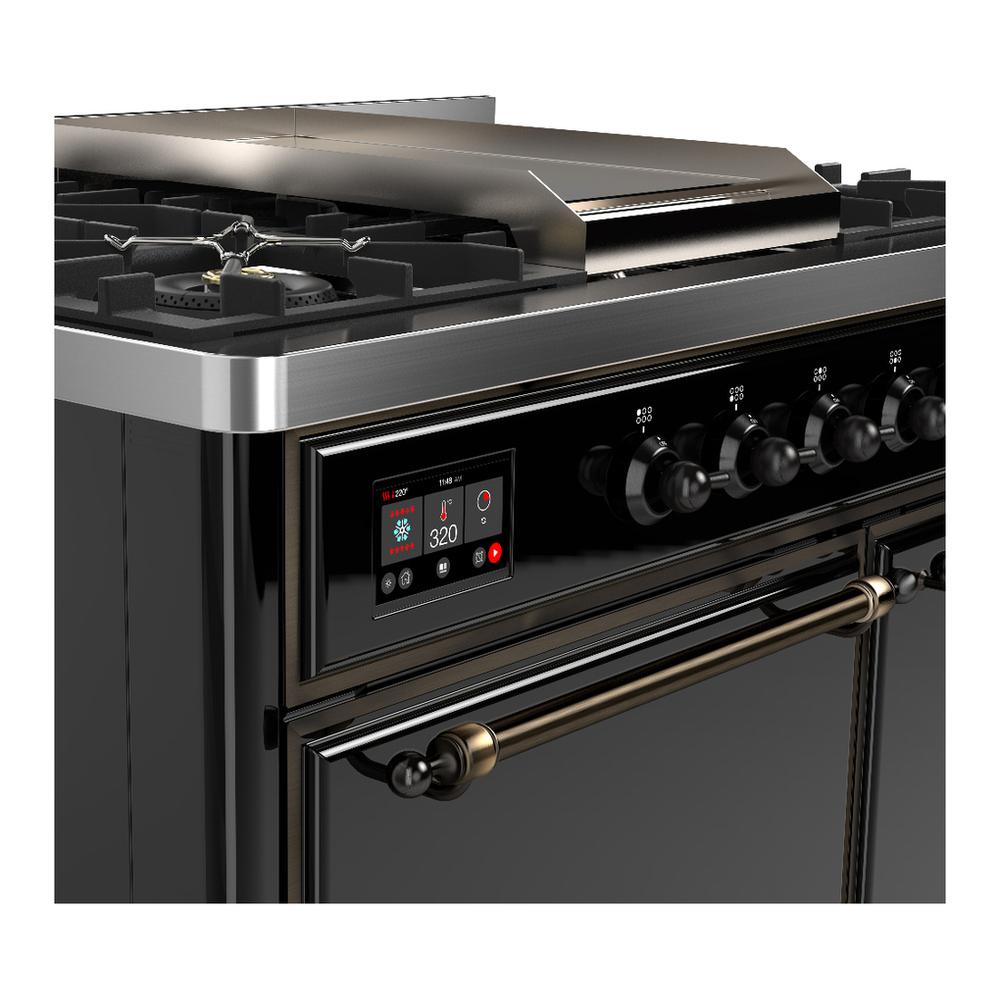 ILVE UMD40FQNR3BKB Majestic III 40 inch Dual Fuel Range with 6 Burners and Griddle, Dual Function Burner up to 25,000 BTU (Natural Gas, Solid Door, Glossy Black, Burnished)