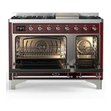 ILVE UM48FNR3BUCLP Majestic III 48 inch Dual Fuel Range with 8 Burners and Griddle, Dual Function Burner up to 25,000 BTU (Liquid Propane, Triple Glass Door, Burgundy, Chrome)