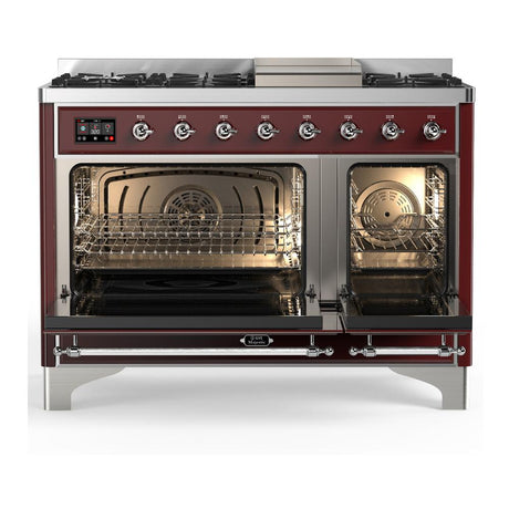ILVE UM48FNR3BUCLP Majestic III 48 inch Dual Fuel Range with 8 Burners and Griddle, Dual Function Burner up to 25,000 BTU (Liquid Propane, Triple Glass Door, Burgundy, Chrome)