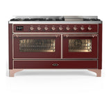 ILVE UM60FNR3BUPLP Majestic III 60 inch Dual Fuel Range with 9 Burners and Griddle, Dual Function Burner up to 25,000 BTU (Liquid Propane, Triple Glass Door, Burgundy, Copper)