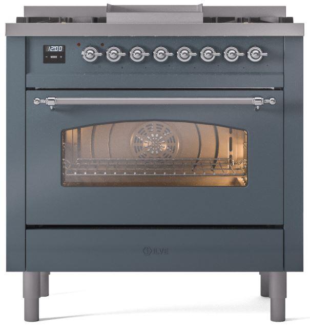 Nostalgie II 36 Inch Dual Fuel Liquid Propane Freestanding Range in Blue Grey with Chrome Trim