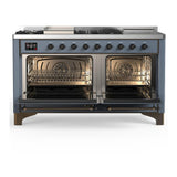 ILVE UM60FSQNR3BGBLP Majestic III 60 inch Dual Fuel Range with 7 Burners, Griddle and French Top, Dual Function Burner with up to 25,000 BTU (Liquid Propane, Solid Door, Blue Grey, Burnished)